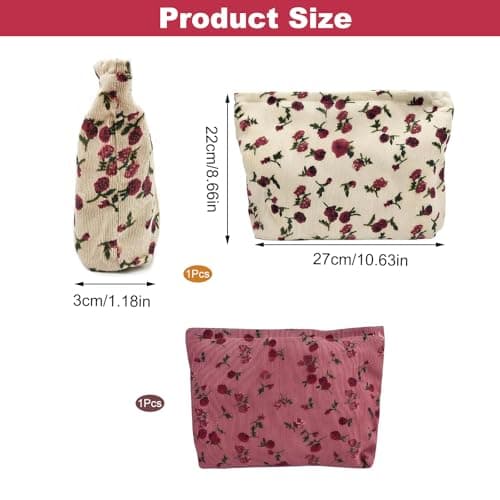 Travel Makeup Bag, 2Pcs Rose Flower Printing Corduroy Toiletry Bag, Large Capacity Floral Toiletry Bags Floral Makeup Bags for Ladies and Girls(Red/Beige) — view 2