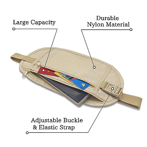 FuninCrea Money Belt, Nylon Fanny Pack Hidden Bum Bag with RFID Blocking for Women Men, Anti-Theft Waist Pack Under Clothes with Adjustable Buckle for Travel, Running, Hiking, Cycling (Beige) — view 3