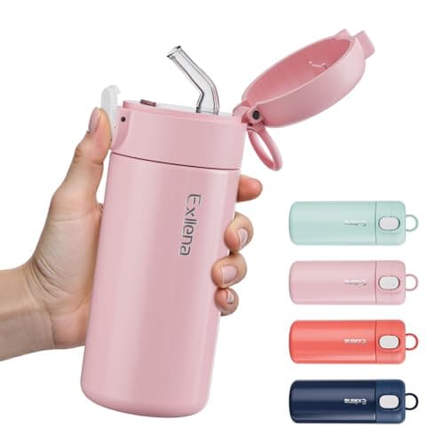 Exllena 300ml Small Water Bottle with One-Touch Soft Straw Lid, Double-Wall Vacuum Insulated Small Flask for Hot&Cold Drinks–Leak-Proof, Mini Water Bottle for Handbag, Yoga, Sport (Pink)