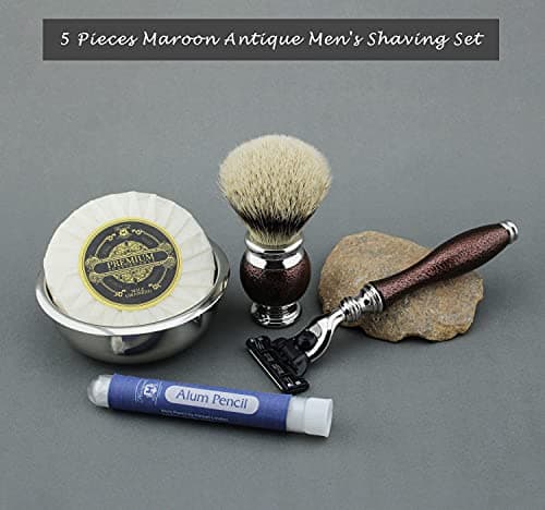 5 Pieces Maroon Antique Men's Shaving Set with Silver Tip Badger Brush & Match 3 Head Razor, Steel Bowl & soap. Christmas Gifts for Men!! — view 2