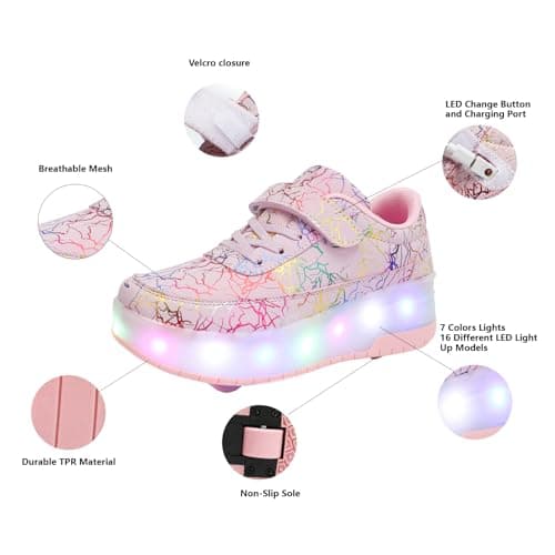HUSKSWARE Kids Shoes with Wheels – LED Light-Up Roller Sneakers Boys Girls, Retractable Skating Trainers, USB Rechargeable Outdoor Sports Shoes EU 27-40 White Black Pink — view 5