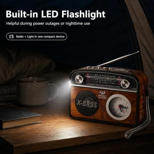 PRONLY Vintage Portable AM/FM Radio with Bluetooth, Clock & Flashlight — view 4