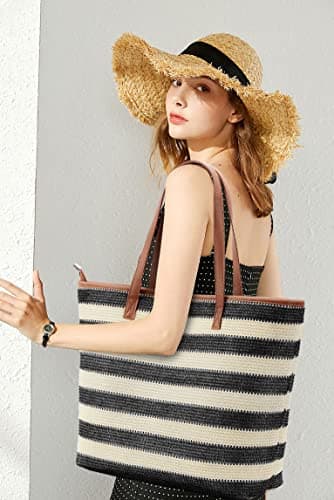 KALIDI Women Straw Tote Bag Summer Beach Woven Shoulder Handbag with Zip — view 4