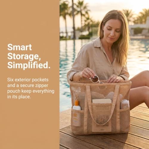 Satiskid Large Mesh Beach Tote Bag with 6 External Pockets, Breathable Nylon Mesh Swimming Bag, Multi-Pocket Sandproof Pool Travel Shoulder Bag for Swimming Pool Holiday — view 3