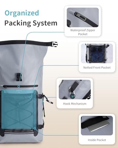 ECOHUB Waterproof Dry Bag Backpack, Roll Top Closure Heavy Duty Waterproof Backpack, Dry Bag Rucksack with IPX8 Water proof Phone Case for Hiking, Kayaking, Boating, Camping, Fishing, 30L-Grey — view 3