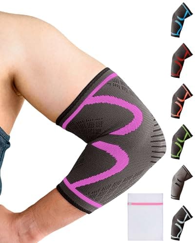 360 RELIEF Elbow Support for Men, Women, Kids, 1 Pack Compression Elbow Sleeve for Tennis, Golfers, Sports, Fitness, Gym, Weightlifting, Medium, Pink + Laundry Bag