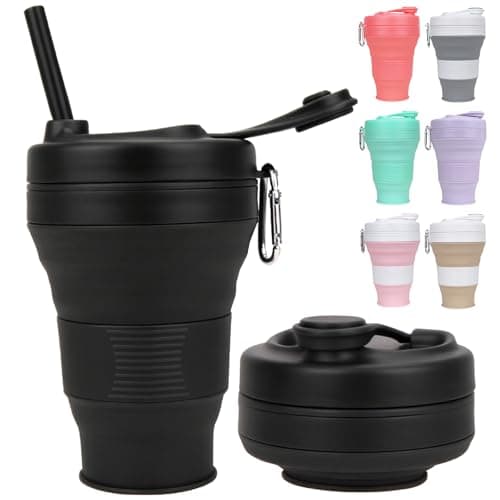 MORAINJAY Collapsible Coffee Cup with Lids,20oz/600ml Black Silicone Portable Reusable Coffee Mug,Foldable Camping Travel Cup Fits in Your Pocket(Collapses to 7cm)