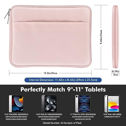 MoKo 9-11 Inch Tablet Sleeve, Protective Carrying Bag with Two Compartments Fits 11 inch iPad A16 2025, iPad Air M3, Air/Pro 11 2024, iPad10/9/8/7th, Galaxy Tab A9+ Plus 11"/S9 FE, Tab M11 11", Pink — view 2
