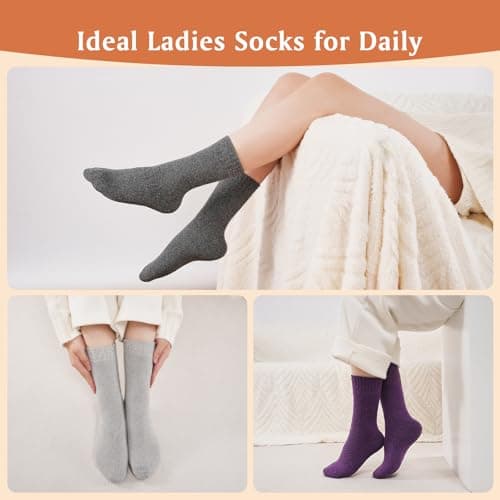 Niorasen Thermal Wool Socks for Women 5 Pairs Multipack, Ladies Warm Winter Walking Hiking Crew Socks for Boots, Thick Comfy Cushioned, Black & Multicolour, Valentines Birthday Gifts for Girlfriend — view 2