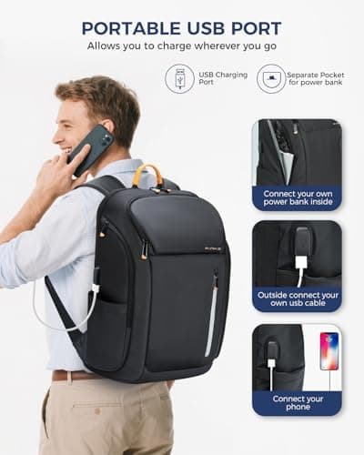 Ponhog Laptop Backpack for Men - 900D Travel Backpack fit 17.3 Inch Laptop, Tech Backpack with USB Charging Port Anti-Theft Pocket, 30L Smart Rucksack for College Business Work Overnight Black — view 5