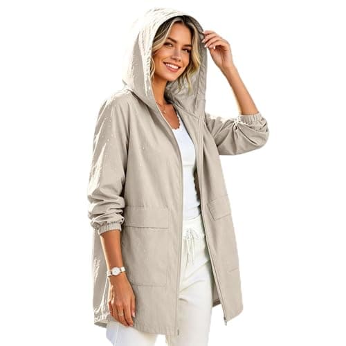 Waterproof Jacket Summer Lightweight Women's Jackets Drawstring Waisted Windbreaker Rain Coats Fashin Plus Size Ladies Rain Jackets with Hood Casual Raincoat Ponchos Clothing for Hikking Walking Beige