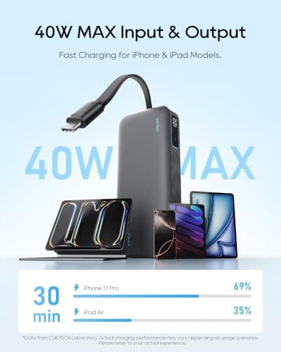 CUKTECH CP24 20,000mAh Power Bank with Built-in USB-C Cable, 40W PD Fast Charging Portable Charger, 3-Port Battery Pack for iPhone 17/16, Samsung S26/S25, iPad Pro, MacBook Air — view 2