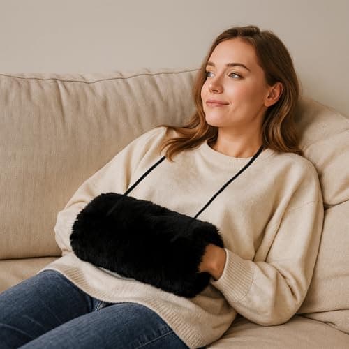 Winmany Faux Fur Hand Muffs Women Winter Soft Plush Hand Warmer Pouch with Outside Pocket for Phone Keys Coins Small Items (Black) — view 6
