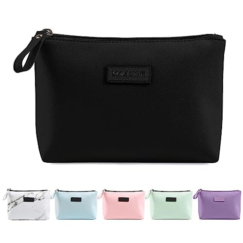 Small Cosmetic Bag for Purse MAANGE Small Makeup Bag Portable Travel Makeup Pouch Waterproof PU Leather Make up Bag with Handle Cute Versatile Zipper Pouch for Women (Black)