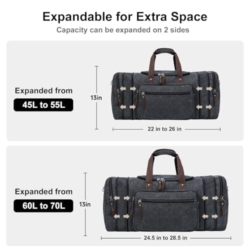 EKOROMIER 55L Canvas Travel Duffel Bag for Men – Expandable Weekender Holdall – Cabin Size Overnight Bag for Gym, Carry-On or Short Trips – Dark Grey — view 5