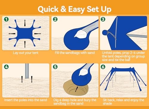 Vibemo Beach Tent, UPF50+ Protection Sun Shelter with 8 Sandbags, 10 x 10ft, Includes Sand Shovel, Ground Pegs & Stability Poles, Outdoor Beach Canopy Pop Up Sunshade for Camping, Fishing, or Picnics — view 4