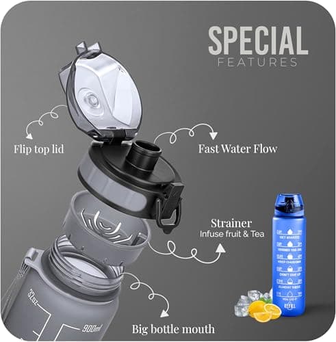 Roe Tenpo Water Bottle 1L, Sports Water Bottle with Time Markings, BPA-Free, Leak-Proof Drinks Bottle, Perfect for Running, Cycling, Gym, Yoga, Camping and Outdoor Activities, Blue — view 2