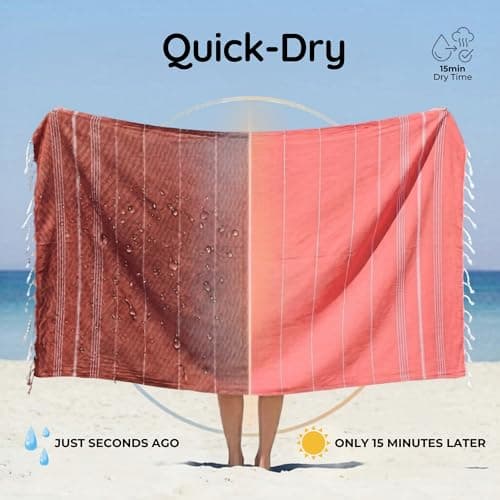 KZY LONDON Beach Towel - Large Turkish Beach Towels for Camping, Swimming, Bath, Gym, Picnic - Quick Dry, Super Absorbent, Lightweight, Compact Cotton Hammam Towels for Adults, Men, Kids (Coral) — view 3
