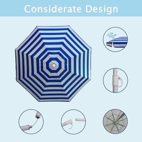 LOTTAFUN 6ft Beach Umbrella - Heavy Duty Wind Resistant UV 50+ Portable Sun Shade with Sand Anchor & Carry Bag, Outdoor Folding Umbrella for Beach, Pool, Patio, Garden (Blue strip) No Tilt The sand — view 4