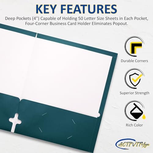 10 Pack Two Pocket Folders, Teal, Strong Thick Paper Folders, for Letter Size, by ACTIVITYya — view 3