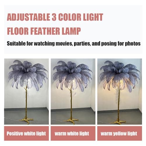 ANram Standing Bedside Lamps, Nordic Ostrich Feather Floor Lamp with 3 Color Light Switching, Gold Resin Light Body, Tall Pole Lamp Feather Lamps for Home Office Decor,Black,150x90cm/59x35in — view 3