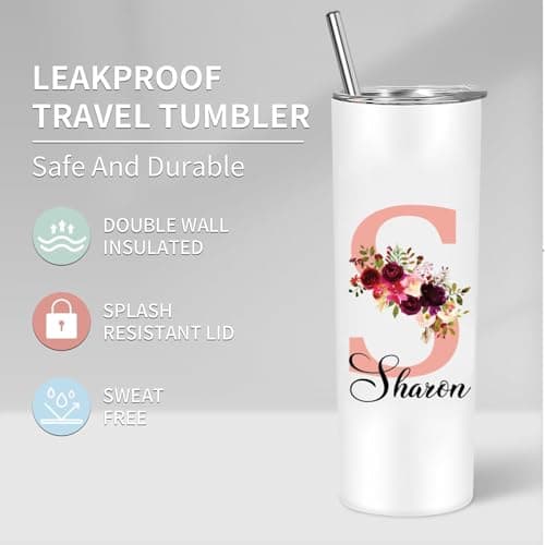 EKAM Personalised Floral Tumbler Stylish Initial with Name - Travel Coffee Mug, 20oz Stainless Steel Tumbler Cup with Straw and Lid, Custom Cup Gift for Christmas Day, Birthday, Any Occasion — view 5