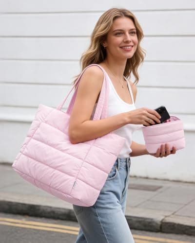 Narwey Tote Bags for Women, Work Laptop Bags with Zip for Women, Ladies Handbags & Shoulder Bags with Makeup Pouch, Puffer Teacher School Hand Bag for College Shopping Travel Gym Beach (Pink) — view 2