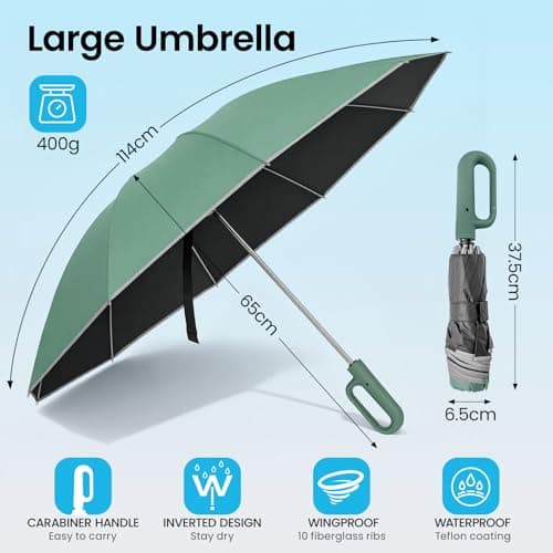 M.J COMFY-LIFE Compact Reverse Folding Umbrella with Ergonomic Carabiner Handle – Travel Umbrella Windproof & Waterproof, Auto Open/Close, Strong 10-Rib Frame, Portable Folding Umbrella (Green) — view 4