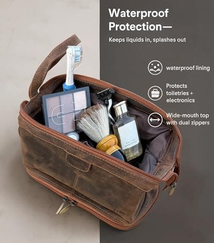 Leather Wash Bag for Men - Full Grain Travel Toiletry Bag Shaving Dopp Kit — view 4
