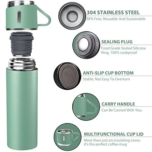 TOPAHGOD Vacuum Flask Water Bottle with Leakproof Lid & Handle, Green — view 2