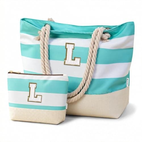 Vavabox Initial Beach Bag with Zip&Pockets, Personalised Gifts for Women(L)
