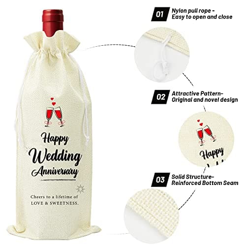Omoojee Wedding Anniversary Wine Bag, Couple Gift for Married Anniversary, Flax Drawstring Wine Bag (1 Pack) — view 3