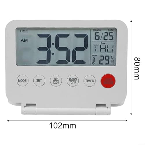 Travel Alarm Clock with Backlight, 12/24H Display, Calendar and Temperature, Weekend Mode, Compact Portable Design for Bedside Desk, Battery Operated(White) — view 5