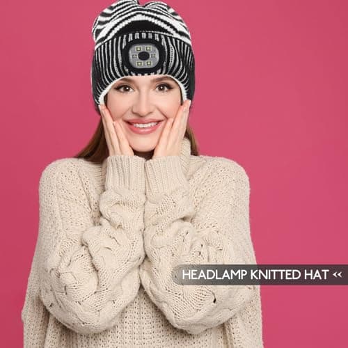 Beaupretty LED Headlamp Beanie Hat with Built-in Light, Black and White Knitted Outdoor Night Running Cap, Unisex Flashlight Knit Hat for Repair and Travel — view 5