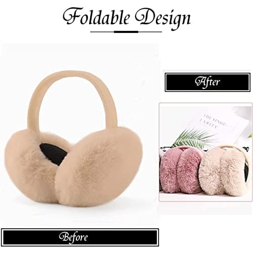 IHCEMIH Ear Muffs, Women Earmuffs Winter Accessories Fluffy Plush Foldable Adults Outdoor Thermal Ear Warmer Skiing Running Ears Covers Protector from Wind Cold Fashion Gift for Girls Ladies Beige — view 4