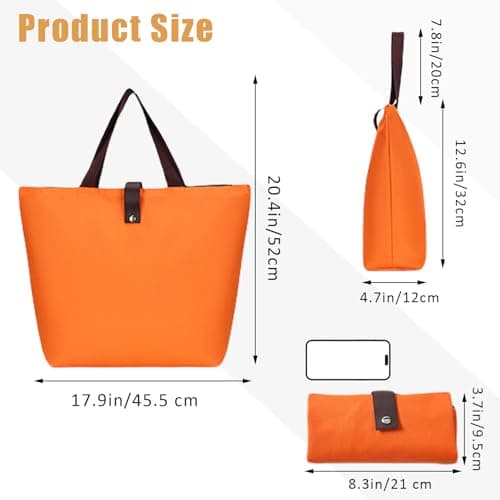 INCAUCA Reusable Grocery Tote Bag Foldable, Large Shoulder Tote Bag for Women Work with Zipper, Oxford Cloth Waterproof Shopping Beach Handbag for Gym Travel Vacation Overnight, Orange — view 3