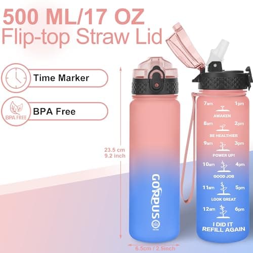 GOPPUS 500ml/17oz Kids Water Bottles with Straw Tritan Childrens Bottle with Flip Top Lid BPA Free Measured Drinks Bottle with Strap Sports Reusable Time Markings Leakproof (Pink Blue) — view 5