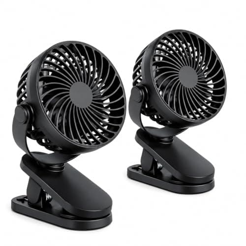 2 Pack USB Rechargeable Clip On Desk Fan, Portable Mini Cooling Fan with 3 Speed Settings, 360° Adjustable Head, Strong Clamp, Quiet Personal Fan for Office, Bedroom, Baby Stroller, Camping, Black