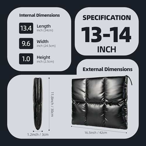 BAAGOAZ 13-14 Inch Puffy Laptop Sleeve, Quilted Metallic Black MacBook Case — view 4