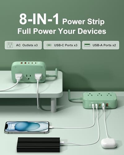 KWRNVO 5FT USB Charging Station with Outlets, Flat USB C Travel Power Strip PD 20W Charger with 2500W AC Outlets, 3 USB-C Ports, 2 USB-A Ports Extension Cord for Home/Office/Travel — view 3