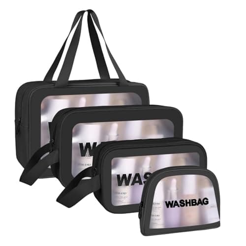 Aucuu 4PCS Clear Toiletry Bag, Wash Bag, Clear PU Makeup Bags, Waterproof Toiletry Travel Bags with Zipper Handle, Portable Airport Cosmetic B-ag for Travel Bathroom Men Women (Black)