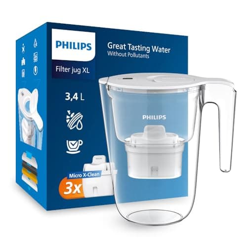Philips Water XL Filter Jug +3 Taste+ Replacement Filter Cartridges, Fast flow, White, 3.4 litres, Electronic timer