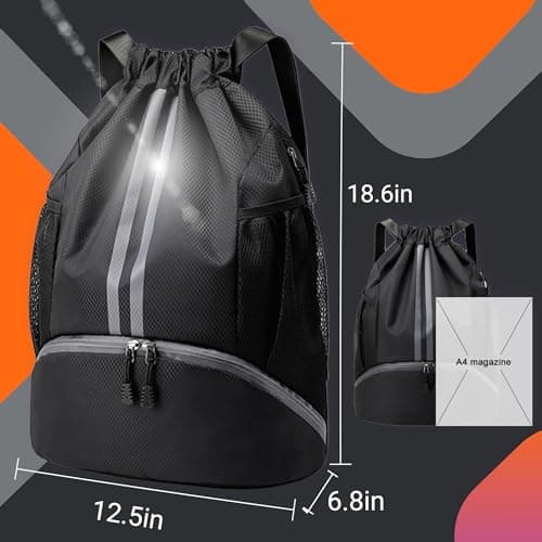 WUBAYI Football Boot Bag, Sports Kit Gym Sack Swimming PE Large Drawstring Bag Unisex With Wet And Dry Separation, Waterproof Gym Bag for Adults Men Women Travel, Sports Beach Holidays(Black) — view 2