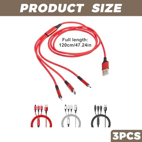 SINJAETRQ Multi Charging Cable​3 Packs, 3A 3 in 1 Fast Charging Cord,1.2M Nylon Braided Multiple USB Cable​ with Micro USB Type C Cable Connector（Black+Sliver+Red） — view 2