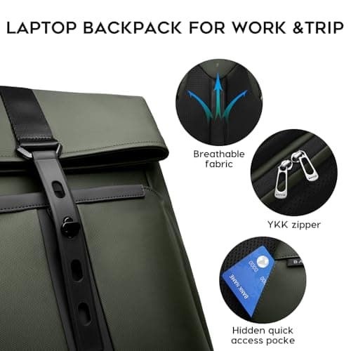 BANGE Roll Top Backpack Large Work Backpack for 15.6 inch Laptop Waterproof Anti-Theft Backpack Travelling Hiking Camping College School Daily fashion for men and women — view 5