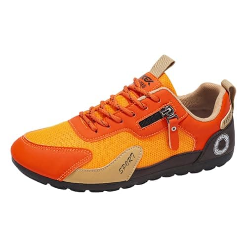 Mens Retro Colour Block Trainers Lace Up Low Top Round Toe Breathable Mesh Leather Upper Soft Cushioned Sole Lightweight Non Slip Easy On Off All Season Walking Shoes for Outdoor Hiking Travel Orange