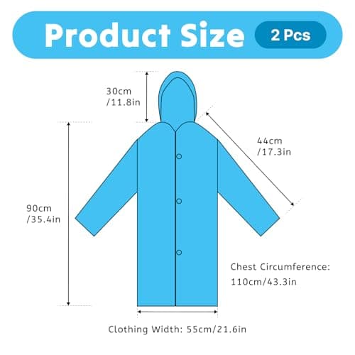AropaeenGlowry 2pcs Kids Waterproof Rain Poncho with Hood & Sleeves - Reusable EVA Raincoat for Boys Girls, Camping & Travel, Blue — view 2