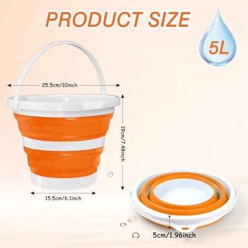 Hmfmdy Collapsible Bucket, 5LSilicone Foldable Water Bucket With Sturdy Handle, Space Saving Multi Purpose Bin, Portable Cleaning Fishing Camping Baskets for Pet Feeding, Home, Car Washing - Orange — view 2