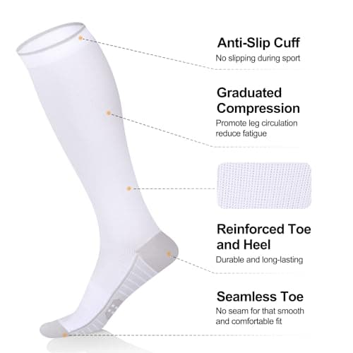 YUEDGE Womens Compression Athletic Running Sokcs for Women Size 4-7, White Travel Flight Socks Graduated Compression Stockings for Sports Cycling Fitness, 3 Pairs — view 5