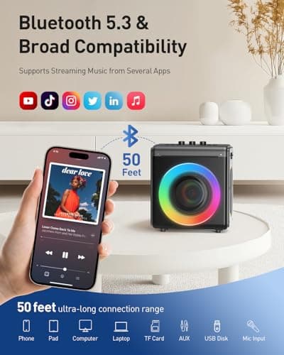 Karaoke Machine with 2 Microphones: Portable Bluetooth Speaker for Adults & Kids - PA System with Lights Supports TWS/TF Card/USB/AUX for Home Party-Stage Subwoofers — view 4
